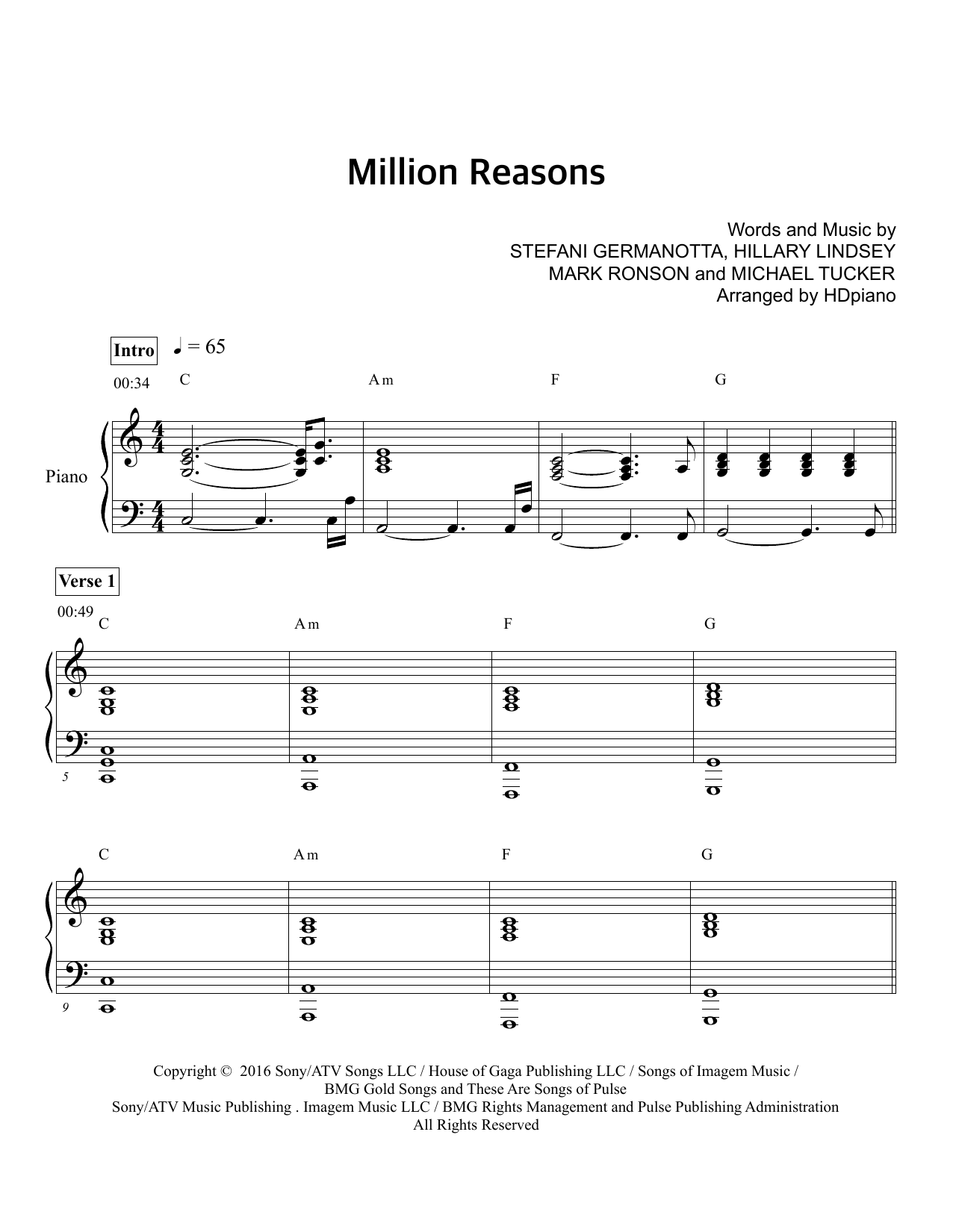 million reasons piano sheet